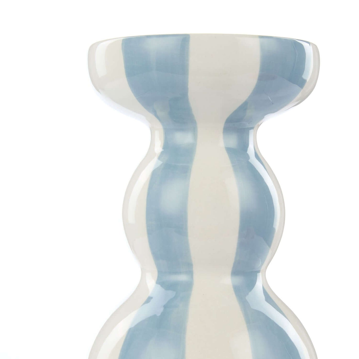 Lane candle holder, ceramic, white and sky blue striped, close up view of bulbous silhouette
