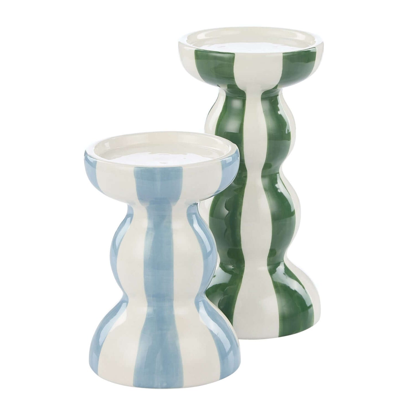 Lane Candle Holder, ceramic, striped finish, angled view highlighting blue and green decorative candle holders.