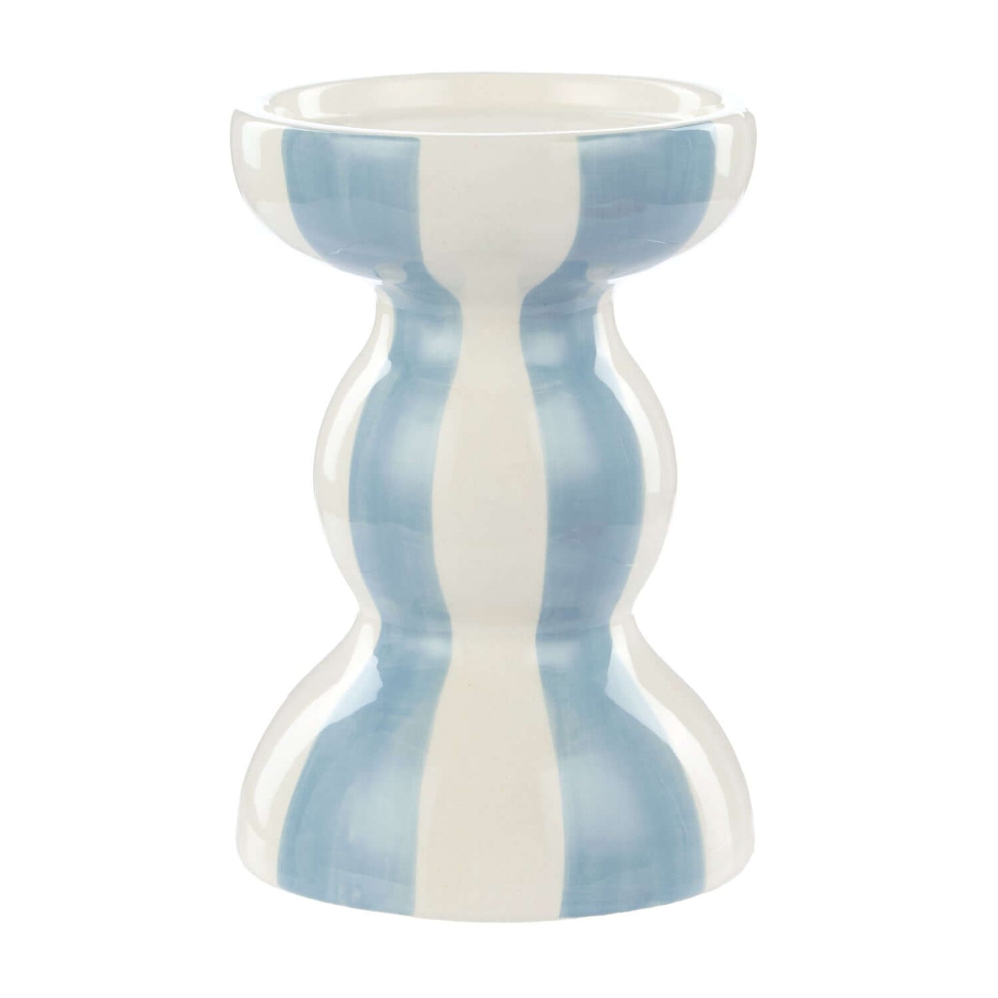 Lane candle holder, ceramic, blue and white striped, close up view showcasing smooth finish and contemporary design.