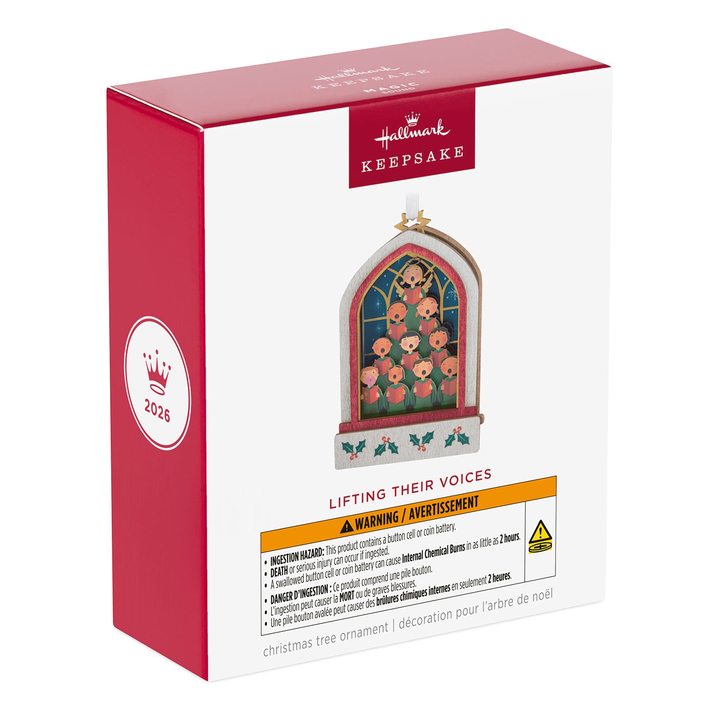 Lifting Their Voices Musical, Papercraft — 2026 Hallmark Keepsake Christmas Ornament packaging box showing arched church window design.
