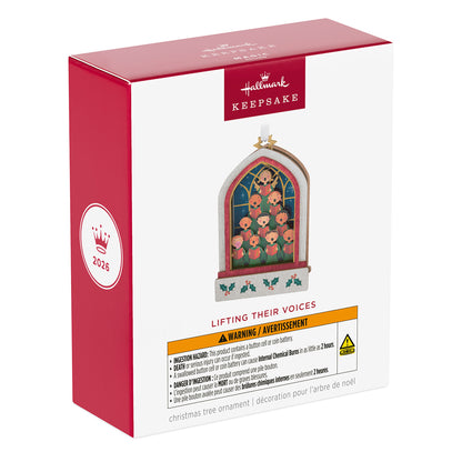 Lifting Their Voices Musical, Papercraft — 2026 Hallmark Keepsake Christmas Ornament packaging box showing arched church window design.