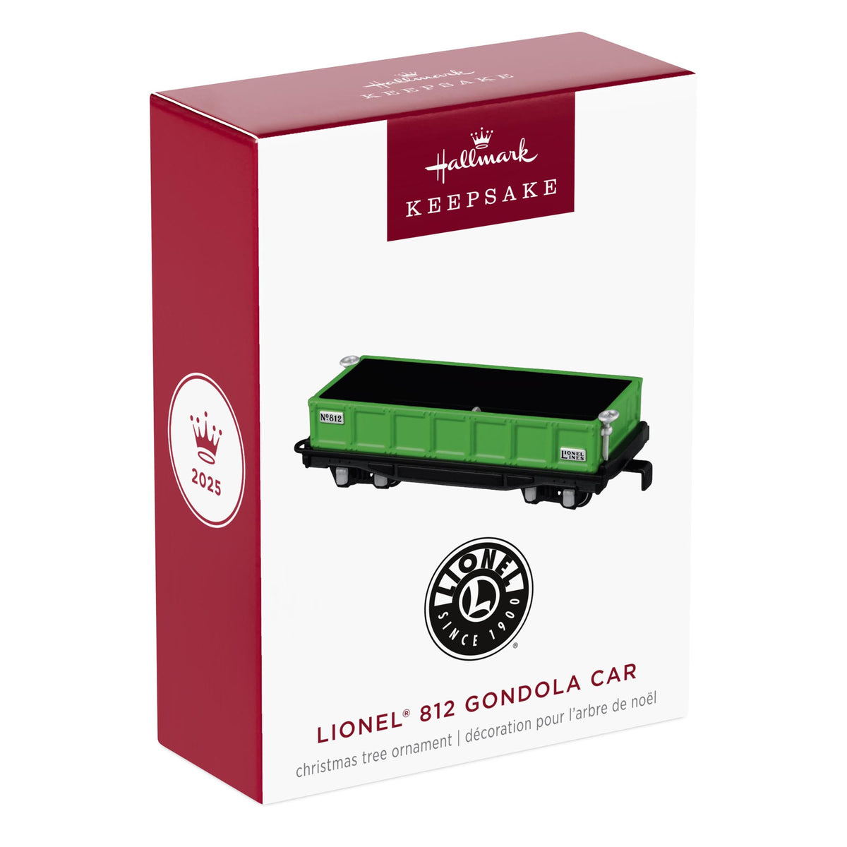LIONEL® 812 Gondola Car — 2025 Hallmark Keepsake Christmas Ornament in vibrant green packaging, showcasing detailed open-topped design.