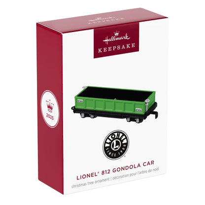 LIONEL® 812 Gondola Car — 2025 Hallmark Keepsake Christmas Ornament in vibrant green packaging, showcasing detailed open-topped design.