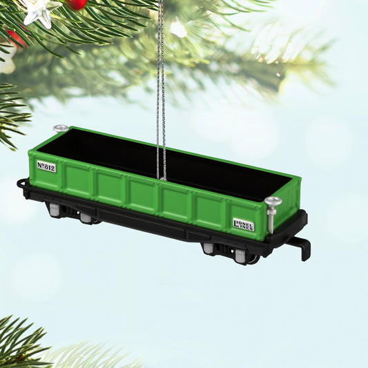 LIONEL® 812 Gondola Car — 2025 Hallmark Keepsake Christmas Ornament, green die-cast metal, detailed close-up hanging from a tree.