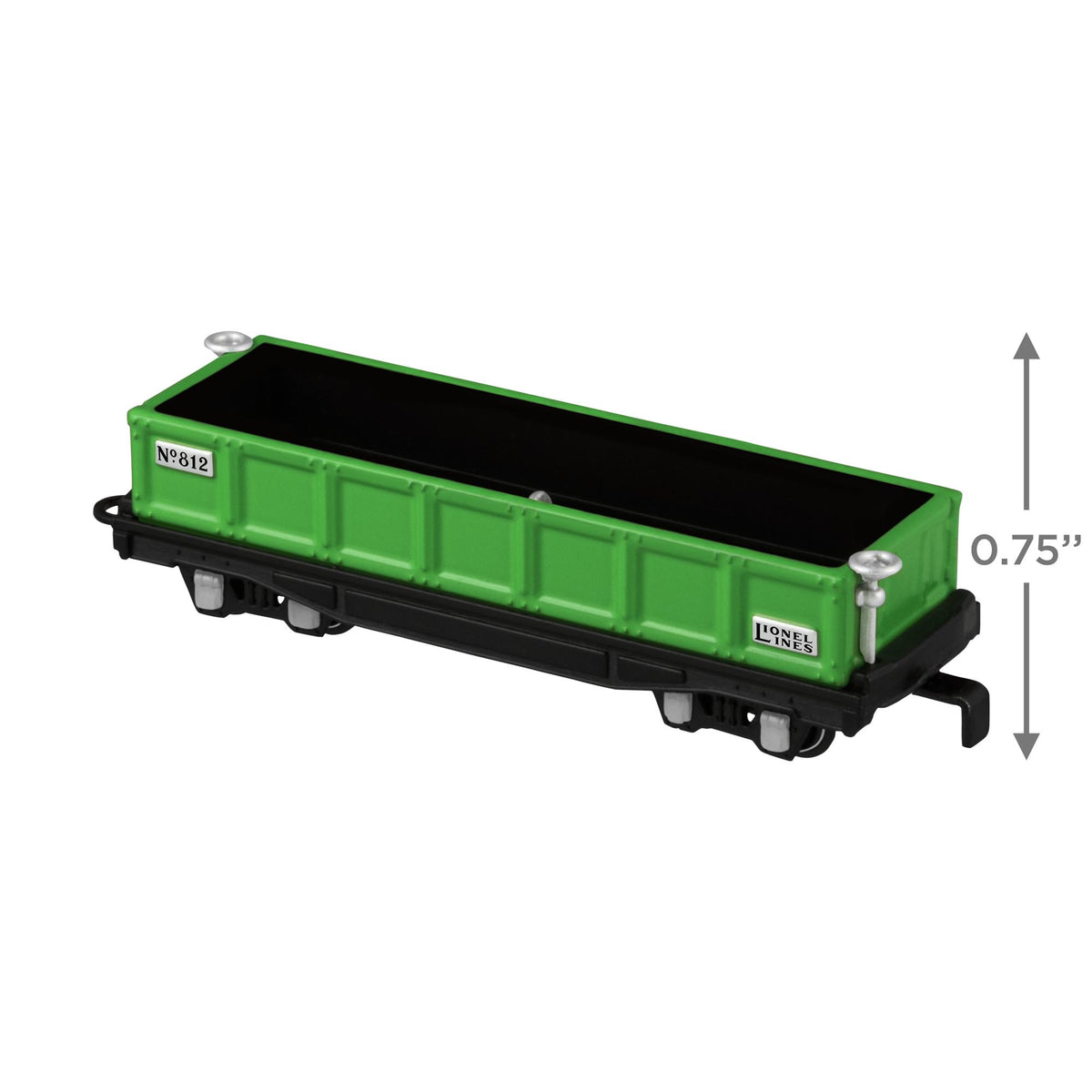 LIONEL® 812 Gondola Car — 2025 Hallmark Keepsake Christmas Ornament, vibrant green die-cast metal, side view highlighting detail, size 1.9 cm.