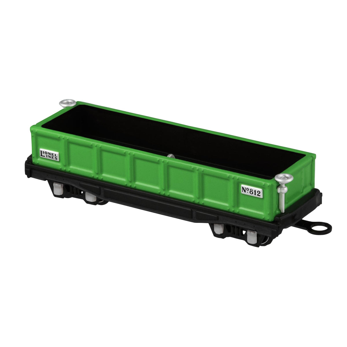 LIONEL® 812 Gondola Car — 2025 Hallmark Keepsake Christmas Ornament in vibrant green die-cast metal, side view with detail of wheels.