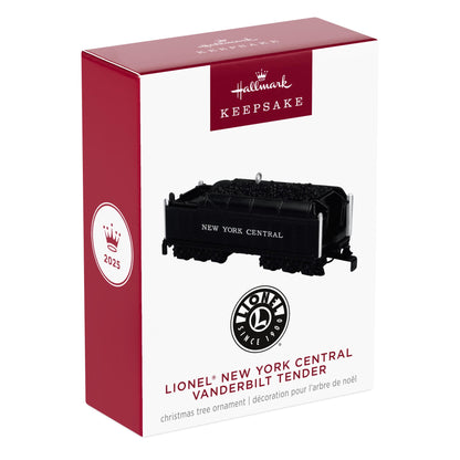 LIONEL® New York Central Vanderbilt Tender — 2025 Hallmark Keepsake Christmas Ornament in gift packaging with detailed branding.
