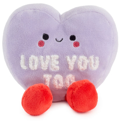 Love Hearts, Magnetic Plush - Better Together in purple with embroidered 'Love You Too' text and red feet, front view.
