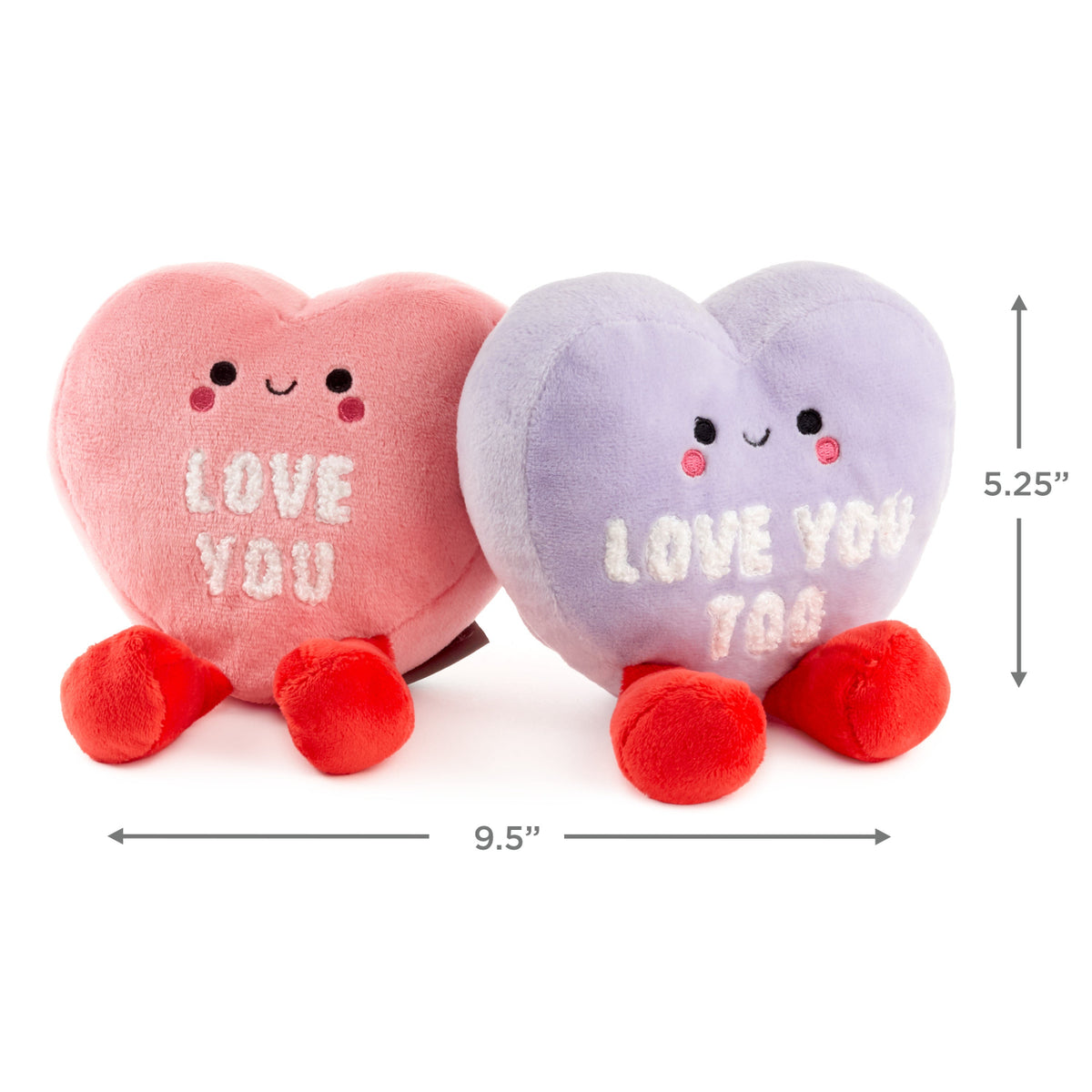 Love Hearts, Magnetic Plush - Better Together pair of pink and purple plush candy characters with embroidered details and red feet.