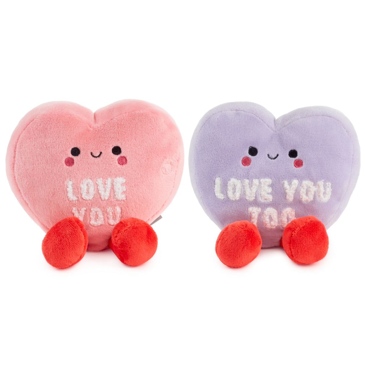 Love Hearts, Magnetic Plush - Better Together in pink and purple, featuring smiling candy characters with embroidered details.