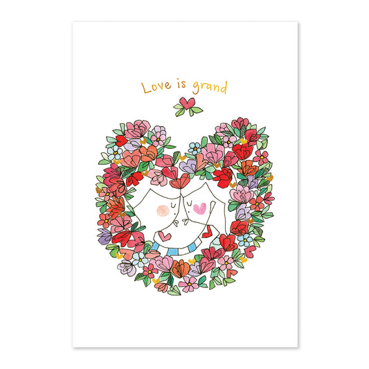 Illustration of two hearts with flowers and 'Love is grand' text on a white background