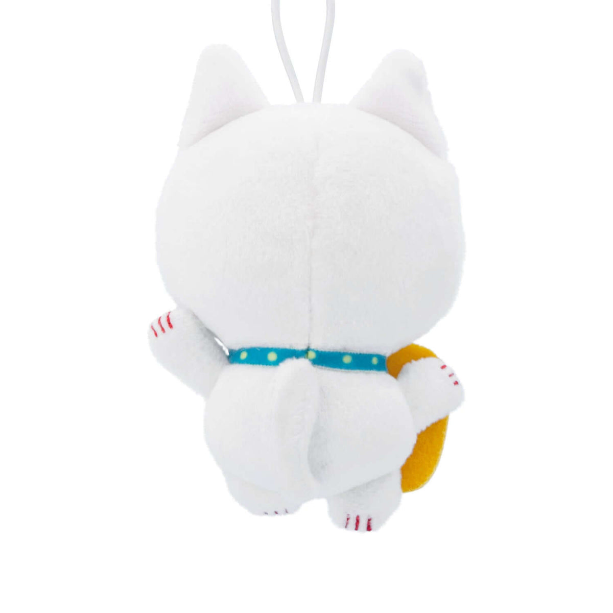 Lucky Cat, Plush Fabric - Hallmark Christmas Ornament, back view, showing plush white material and colourful collar detail.