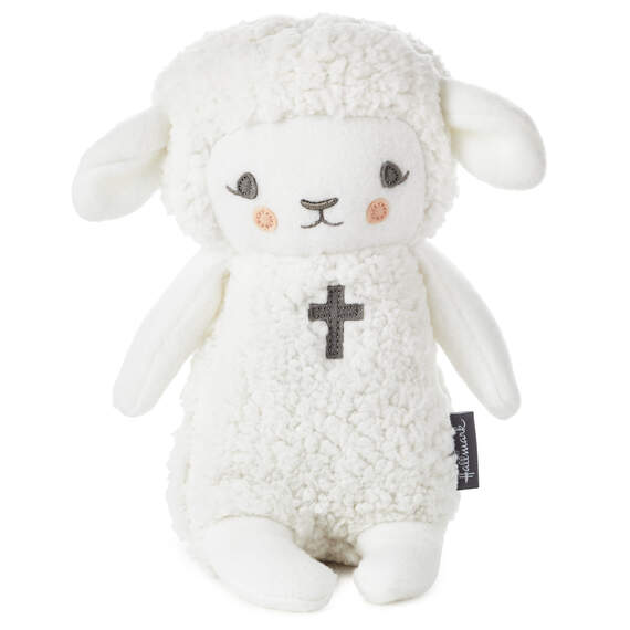 Lullaby Lamb Musical Stuffed Animal, 8.25" in soft white plush with embroidered cross detail, front view.
