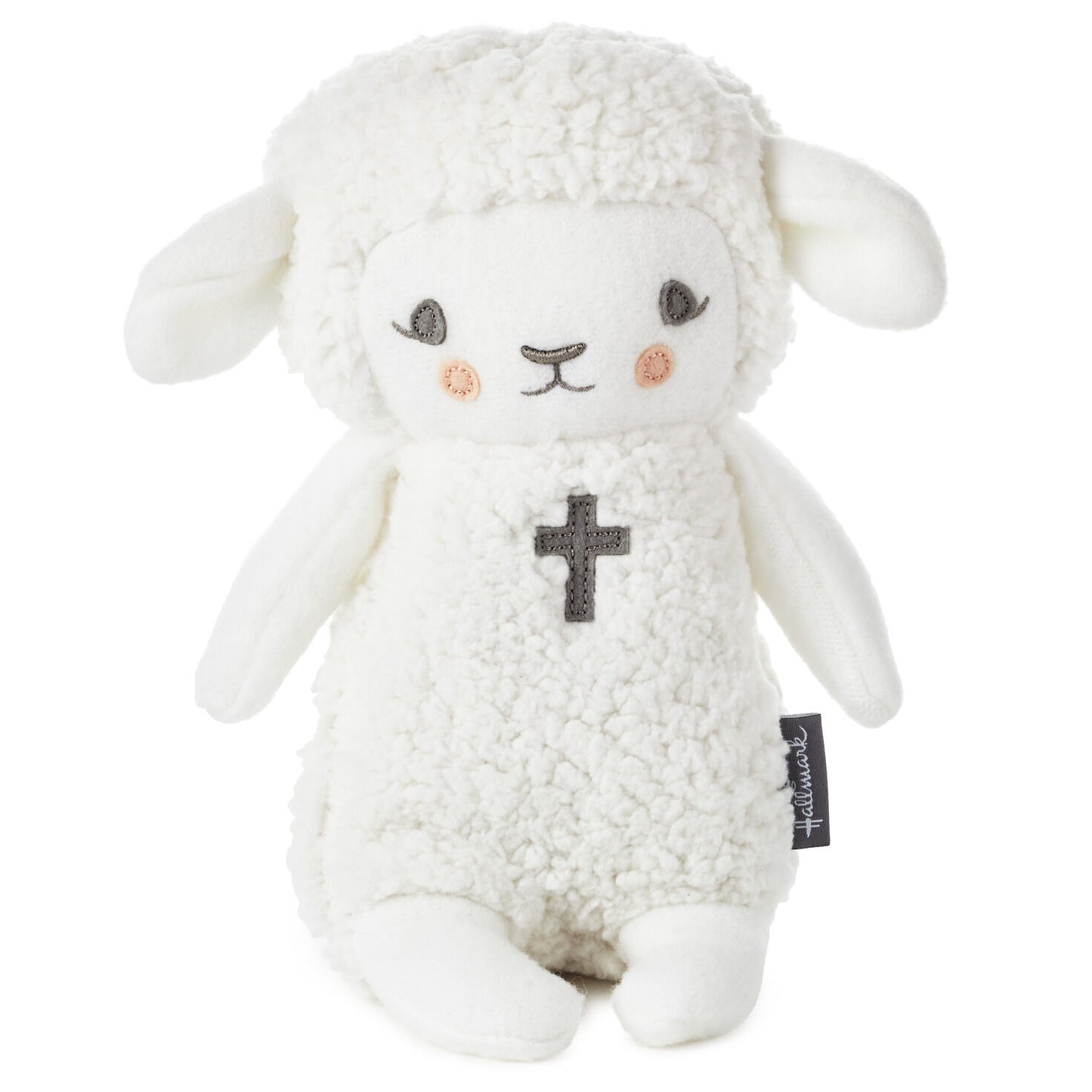 Lullaby Lamb Musical Stuffed Animal, 8.25" plush toy with embroidered cross design and soft fleece texture.