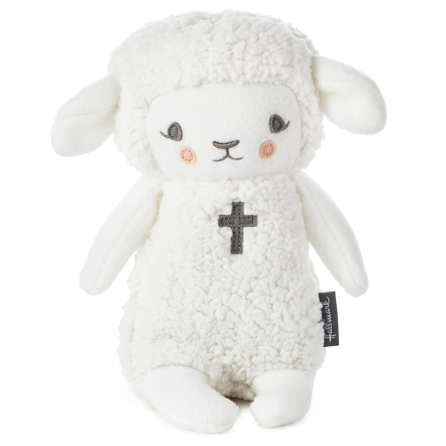 Lullaby Lamb Musical Stuffed Animal, 8.25" plush toy with embroidered cross design and soft fleece texture.