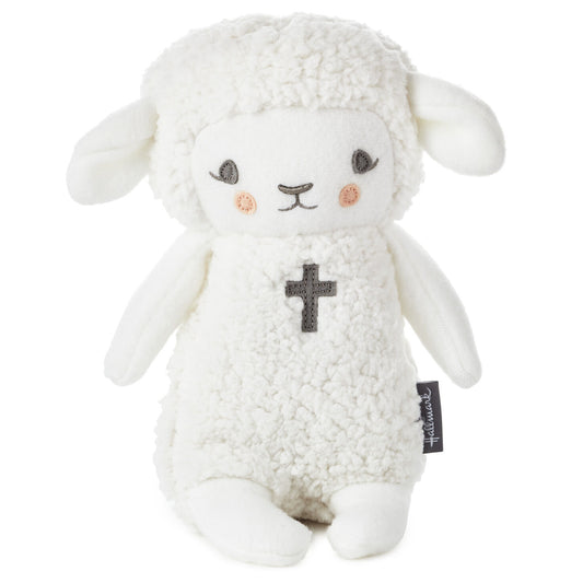 Lullaby Lamb Musical Stuffed Animal, 8.25" plush toy with embroidered cross design and soft fleece texture.