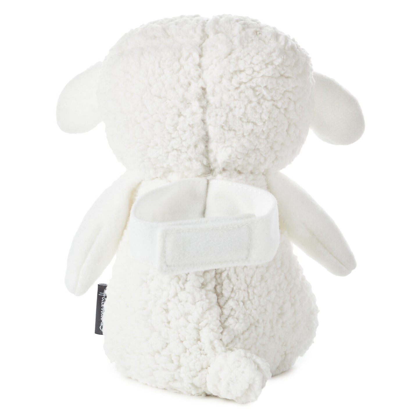 Lullaby Lamb Musical Stuffed Animal, 8.25" plush toy showing back view with hook-and-loop strap for attachment.