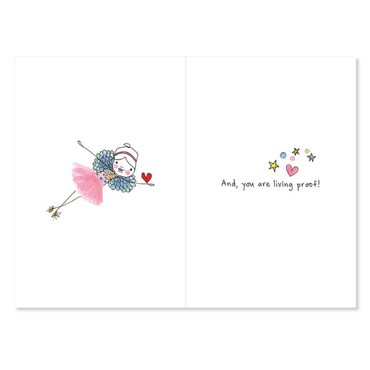 Greeting card with a fairy illustration and motivational text on a white background