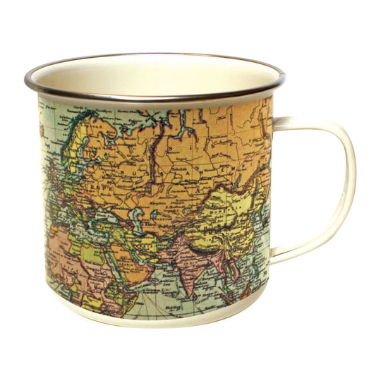 Gift Republic - Man Of The World Enamel Mug featuring a vintage world map design in soft pastel colours, angled view.