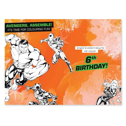 Connections from Hallmark Age 6 Birthday Card - Marvel Avengers featuring black and white characters on an orange background, celebrating a 6th birthday.