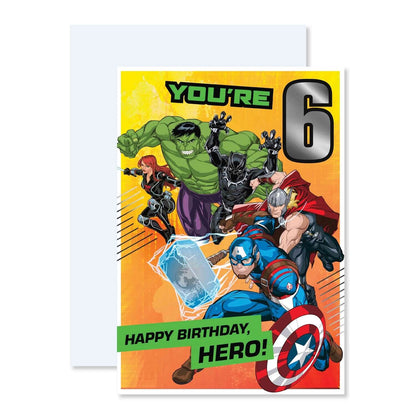 Connections from Hallmark Age 6 Birthday Card - Marvel Avengers featuring vibrant Avengers artwork and colourful text.