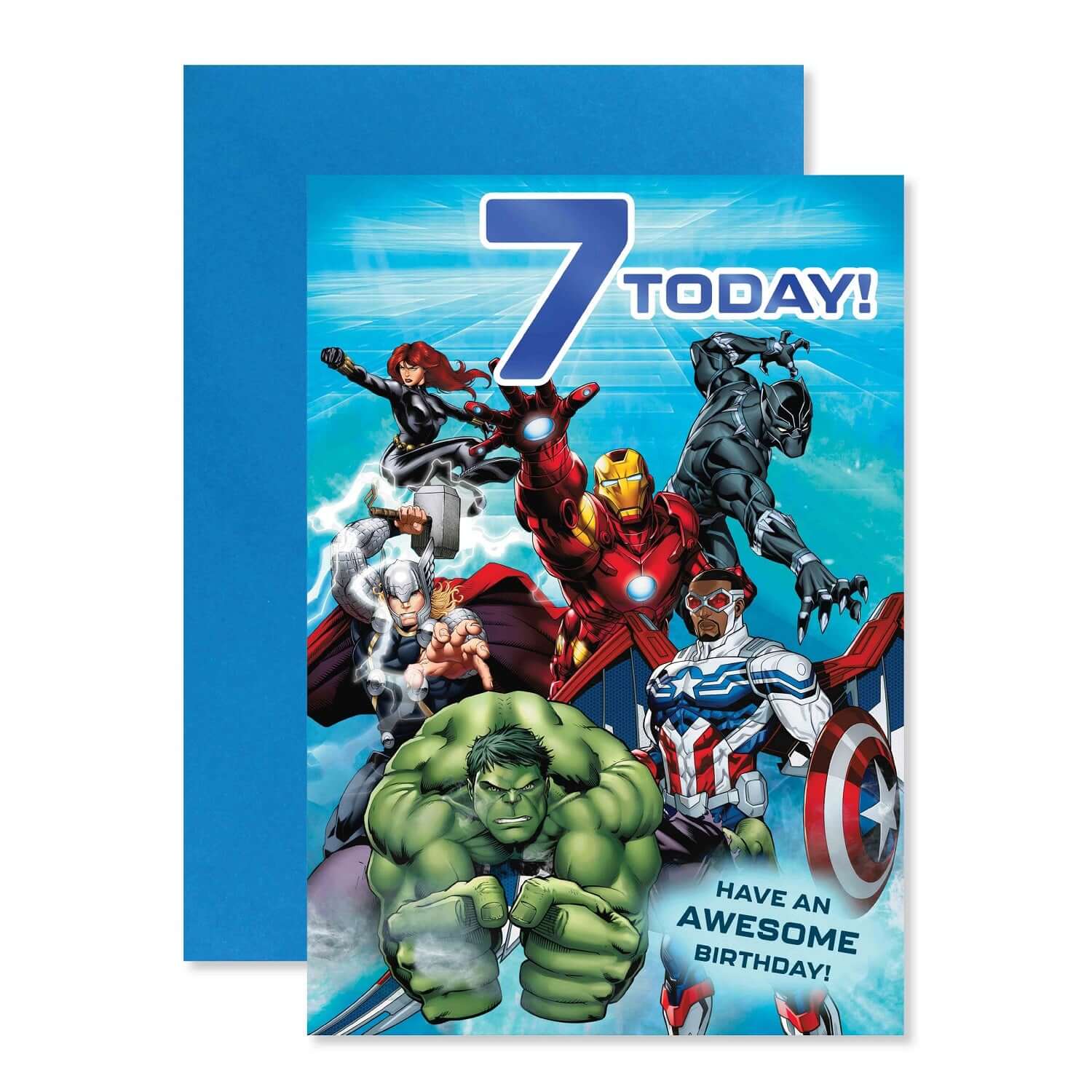 Connections from Hallmark Age 7 Birthday Card - Marvel Avengers features vibrant superheroes with a blue foil message on a blue background.