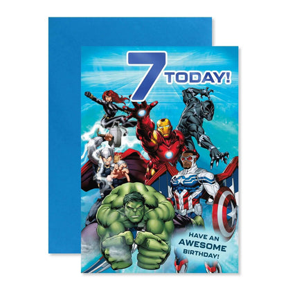 Connections from Hallmark Age 7 Birthday Card - Marvel Avengers features vibrant superheroes with a blue foil message on a blue background.