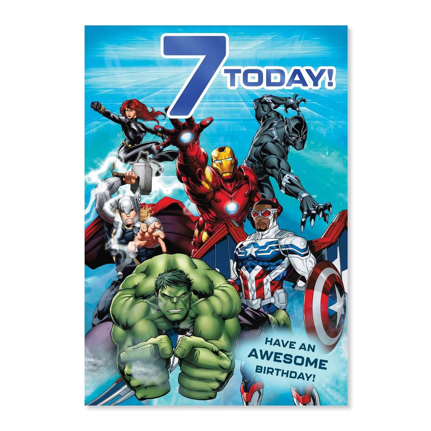 Connections from Hallmark Age 7 Birthday Card - Marvel Avengers featuring colourful superheroes and bold '7 TODAY!' text on the front.