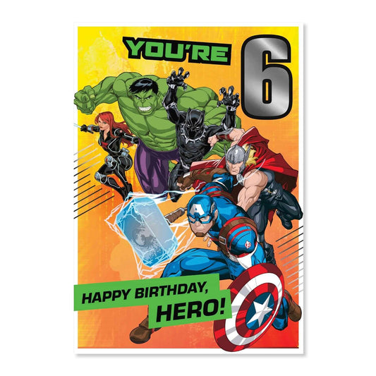 Connections from Hallmark Age 6 Birthday Card - Marvel Avengers features superhero characters with vibrant colours and a joyful message