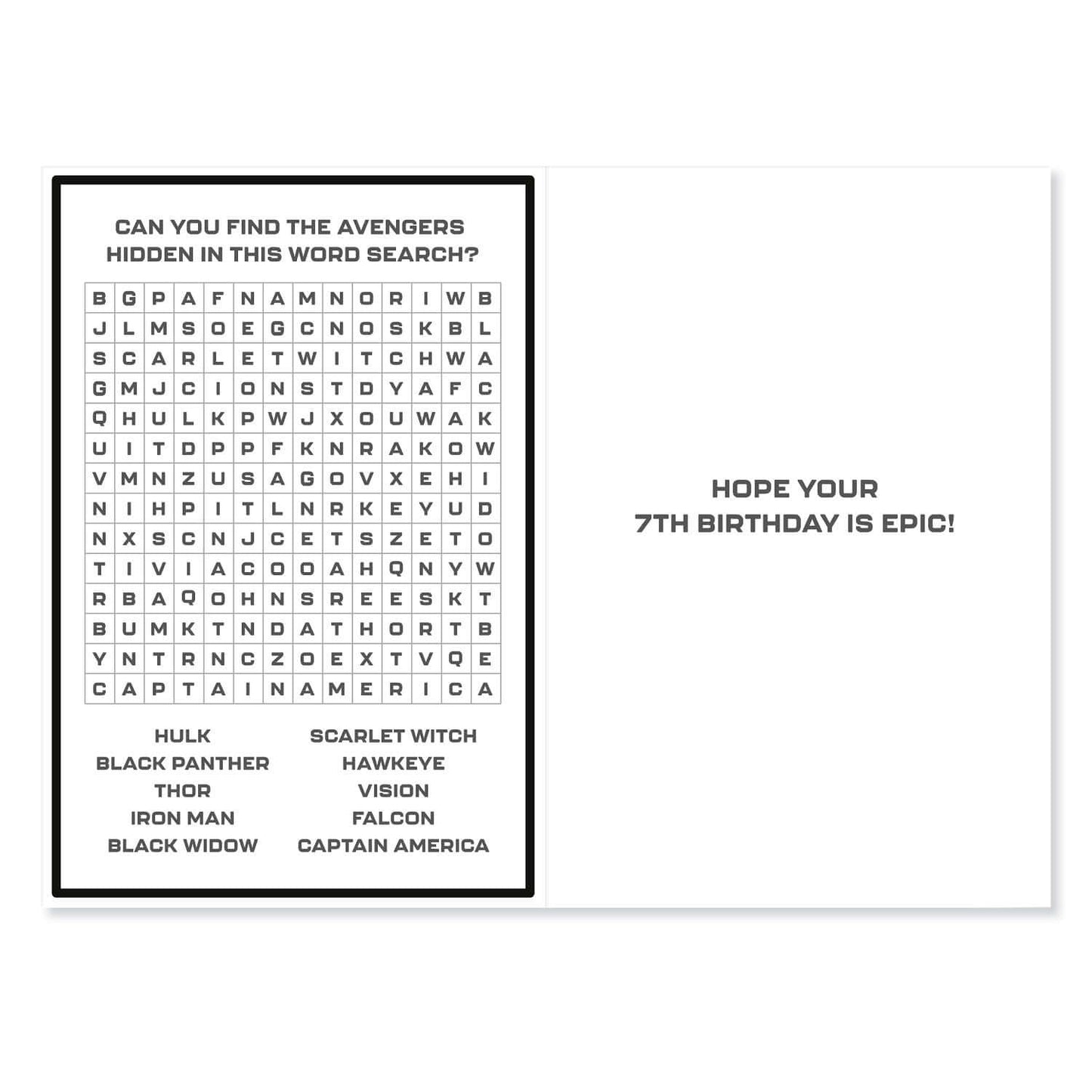 Connections from Hallmark Age 7 Birthday Card - Marvel Avengers, inside view showing a word search puzzle and birthday message.