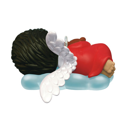 Mary's Angels Poppy — Hallmark Keepsake Christmas Ornament, detail of angel sleeping on a cloud, featuring white wings and red clothing.