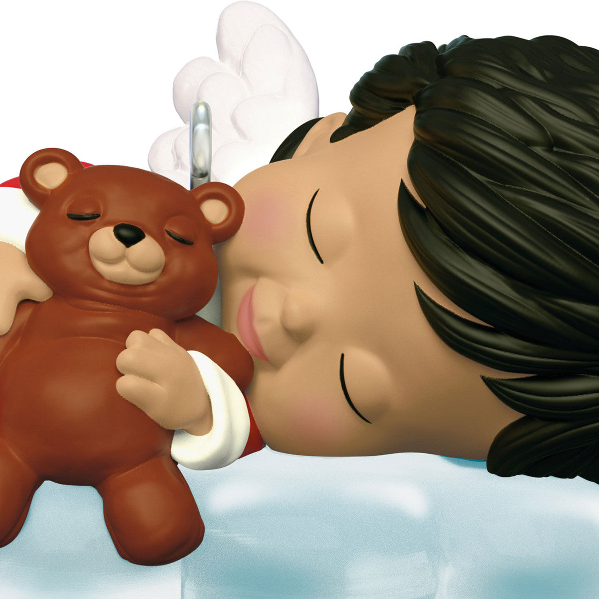 Mary's Angels Poppy — Hallmark Keepsake Christmas Ornament featuring a sweet angel with teddy bear on a soft cloud, close-up view.