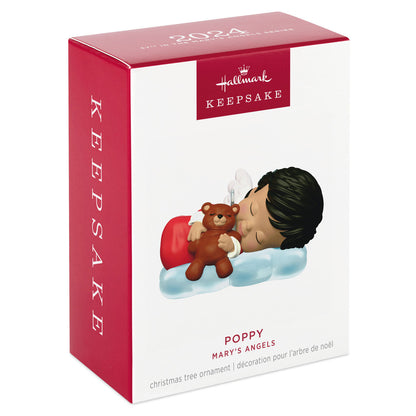 Mary's Angels Poppy — Hallmark Keepsake Christmas Ornament boxed view featuring sleeping child with teddy bear, 2024 edition.
