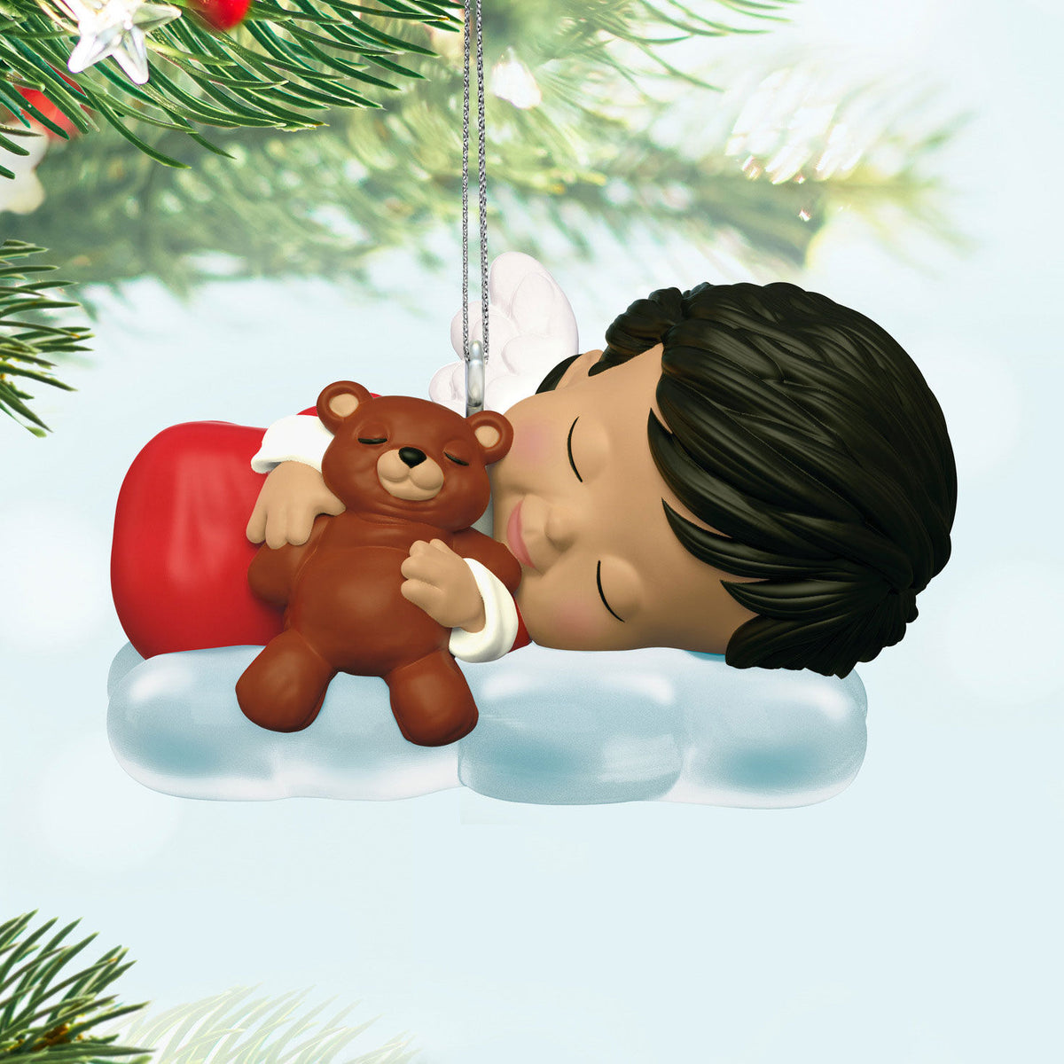 Mary's Angels Poppy — Hallmark Keepsake Christmas Ornament, sweet sleeping child with teddy bear, close up view on fluffy cloud