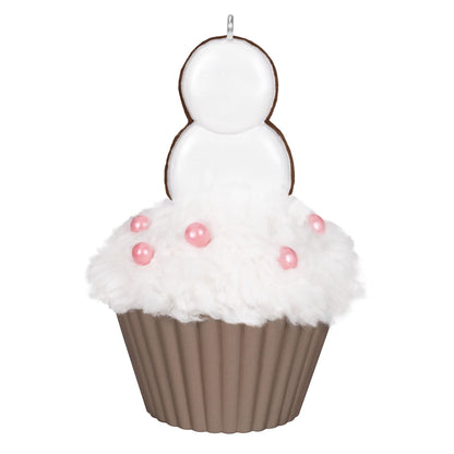 Merry Macarons, 16th in the Christmas Cupcakes Series — 2025 Hallmark Keepsake Christmas Ornament featuring fluffy icing, pink pearls, and a snowman detail.