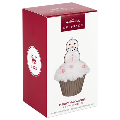 Merry Macarons, 16th in the Christmas Cupcakes Series — 2025 Hallmark Keepsake Christmas Ornament packaging showcasing a faux cupcake design.