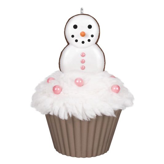 Merry Macarons, 16th in the Christmas Cupcakes Series — 2025 Hallmark Keepsake Christmas Ornament showcasing a snowman on fluffy icing, detailed view.