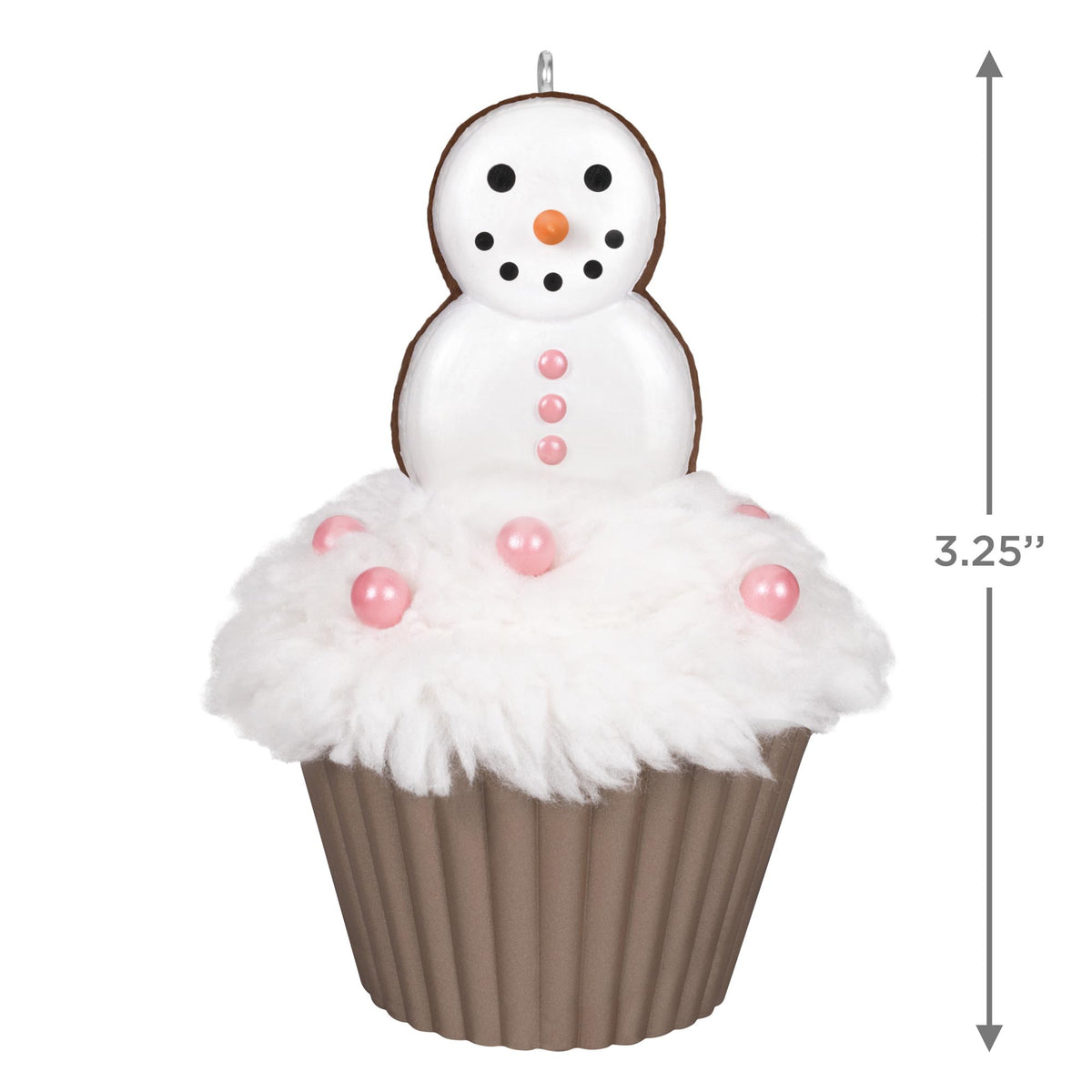 Merry Macarons, 16th in the Christmas Cupcakes Series — 2025 Hallmark Keepsake Christmas Ornament featuring a snowman on a faux cupcake with fluffy icing and pink pearl candies, 3.25 inches tall.