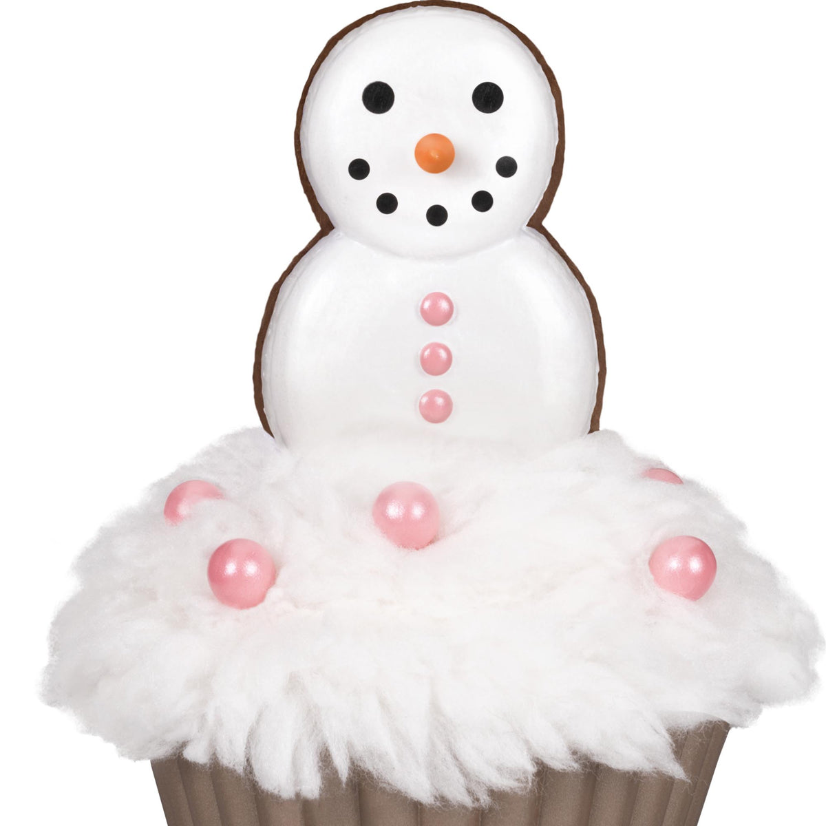 Merry Macarons, 16th in the Christmas Cupcakes series — 2025 Hallmark Keepsake Christmas Ornament featuring a snowman made of macarons on fluffy icing with pink pearl candies.