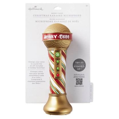Merry-Okee Christmas Interactive Microphone with festive design, gold base, and packaging details for holiday fun.