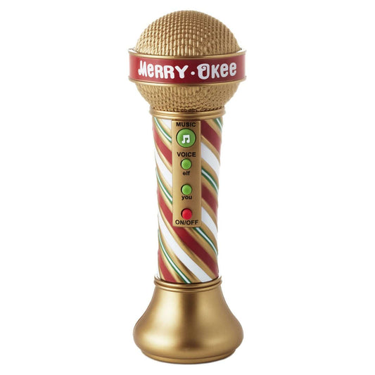 Merry-Okee Christmas Interactive Microphone, festive design with colourful stripes, close-up view showcasing buttons and gold details.