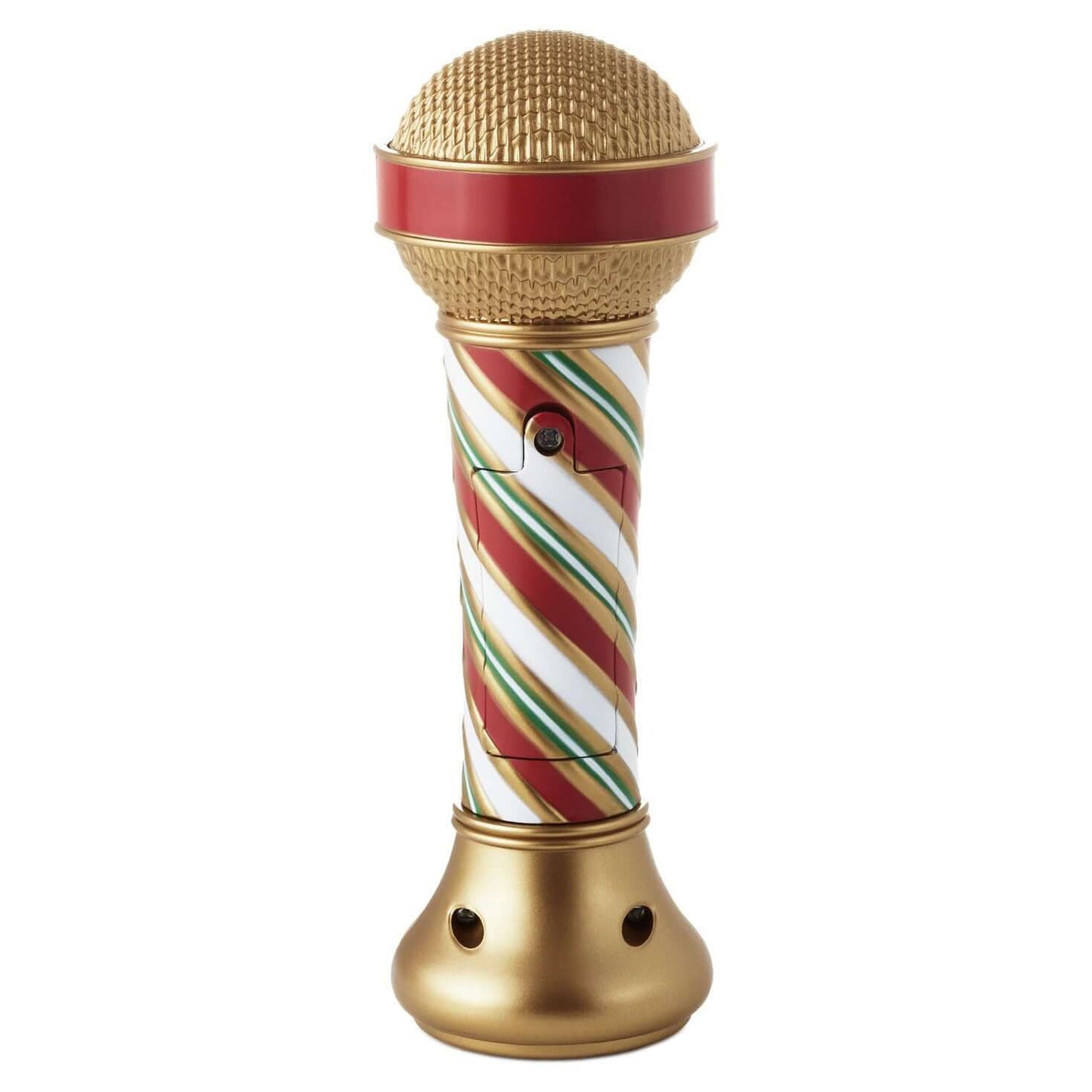 Merry-Okee Christmas Interactive Microphone featuring a festive striped design, gold accents and a shiny microphone head in a close-up view.