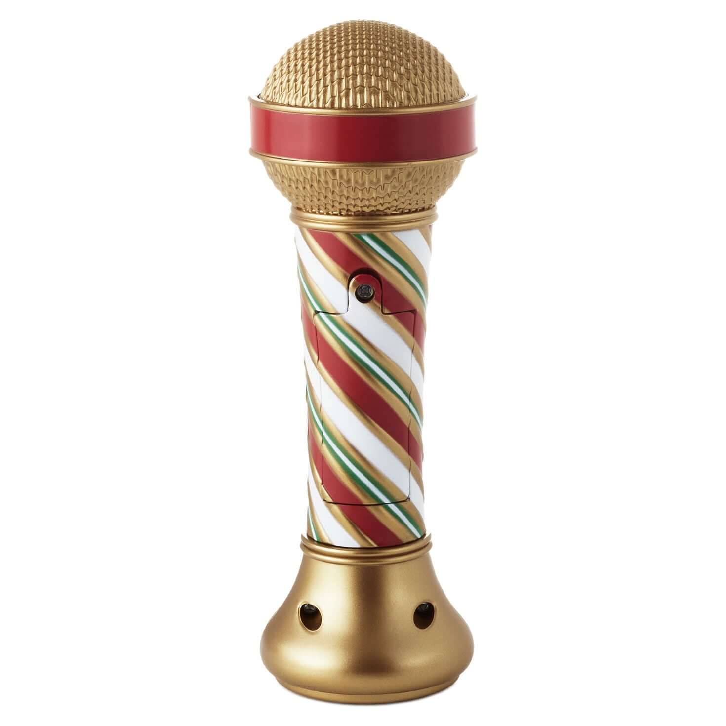Merry-Okee Christmas Interactive Microphone featuring a festive striped design, gold accents and a shiny microphone head in a close-up view.