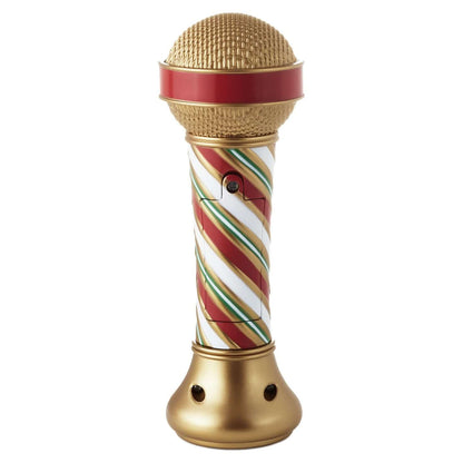 Merry-Okee Christmas Interactive Microphone featuring a festive striped design, gold accents and a shiny microphone head in a close-up view.