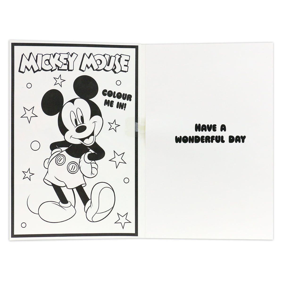 Hallmark Interactive Sound Card - Mickey Mouse featuring a colour-in activity and birthday message, open view with black and white illustration.
