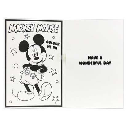 Hallmark Interactive Sound Card - Mickey Mouse featuring a colour-in activity and birthday message, open view with black and white illustration.