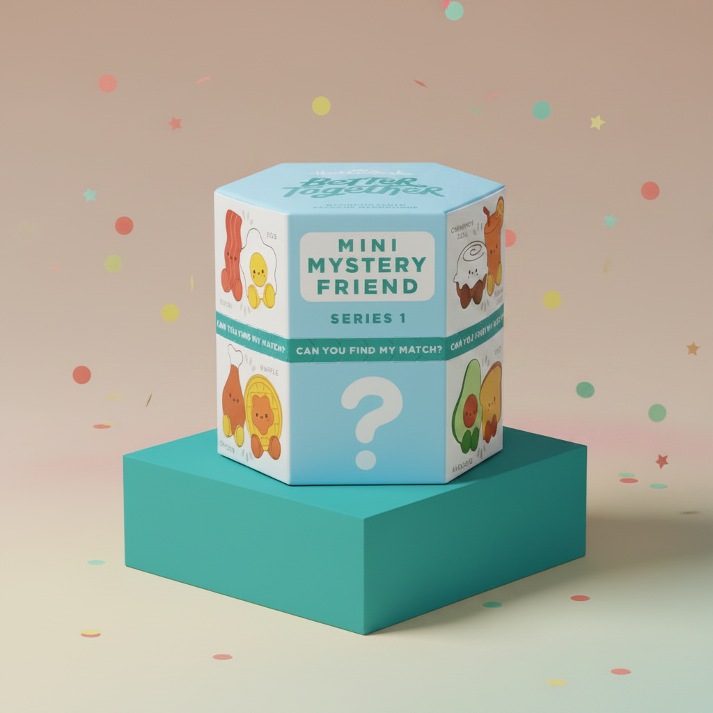 Mini Better Together mystery box magnetic plush, Series 1, colourful hexagonal packaging with illustrated food characters on a blue pedestal.