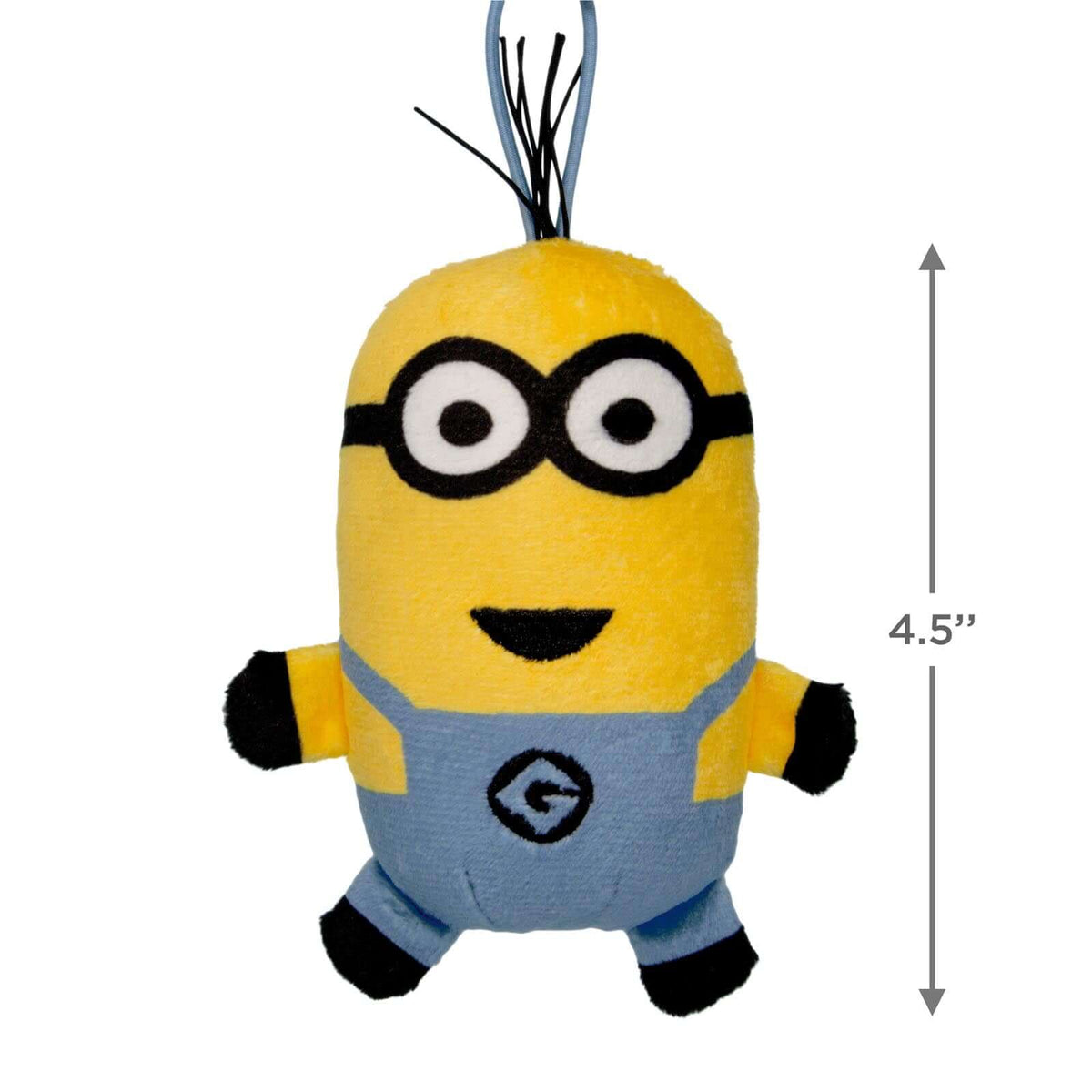 Minions Kevin, Fabric - Hallmark Christmas Ornament, plush design in blue overalls, hanging view with measurement.