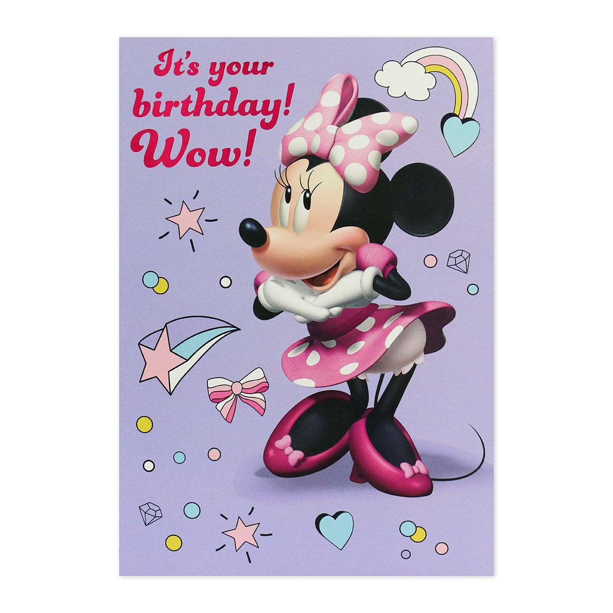 Hallmark Interactive Sound Card - Minnie Mouse with cheerful design featuring Minnie in a pink polka dot dress against a purple background.