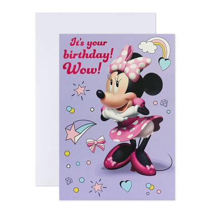 Hallmark Interactive Sound Card - Minnie Mouse featuring a cheerful Minnie on a lilac background with birthday message and decorations.